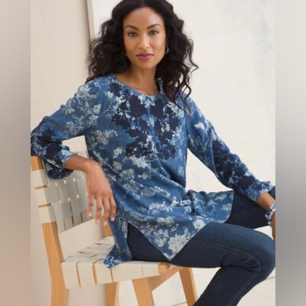NWT Chico’s Embroidered Denim Bell Sleeve Tunic Size L Western Boho